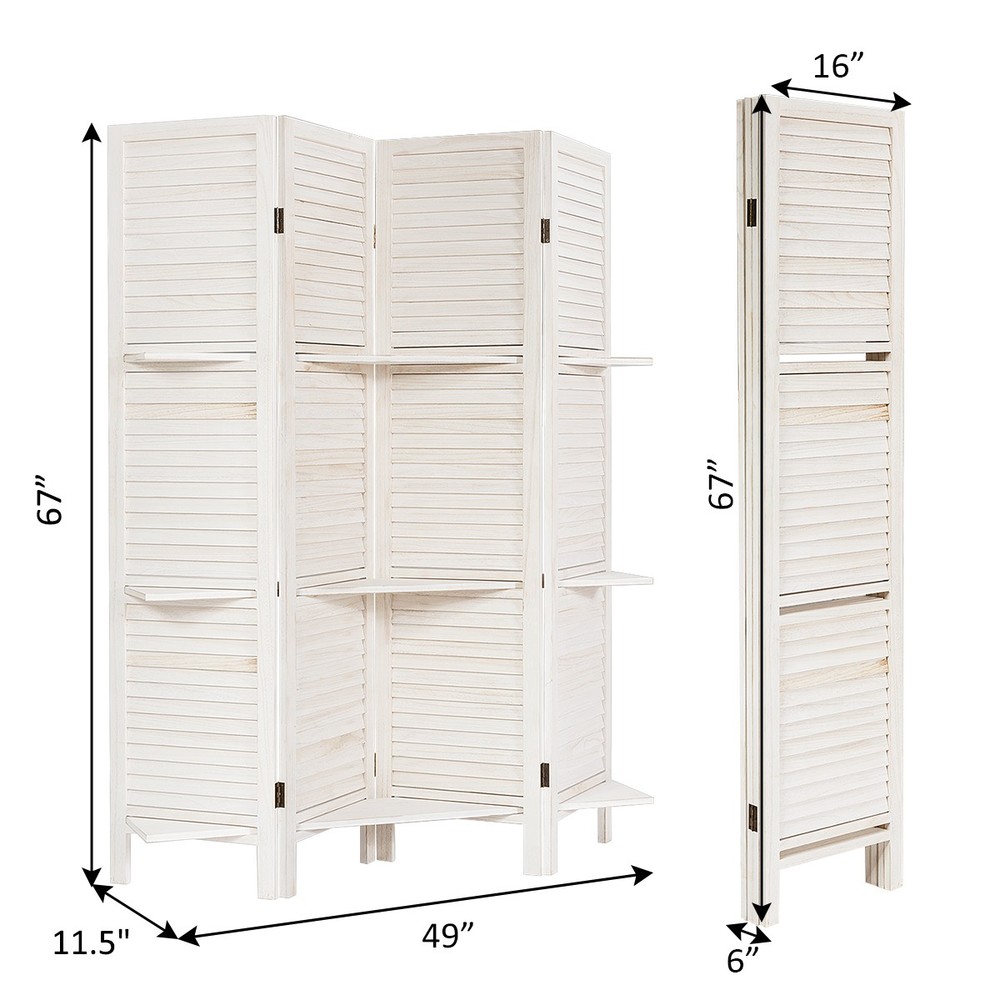 5.6 Ft 4 Panel Bedroom Modern Divider Screen Foldable W/3 Display Rack White