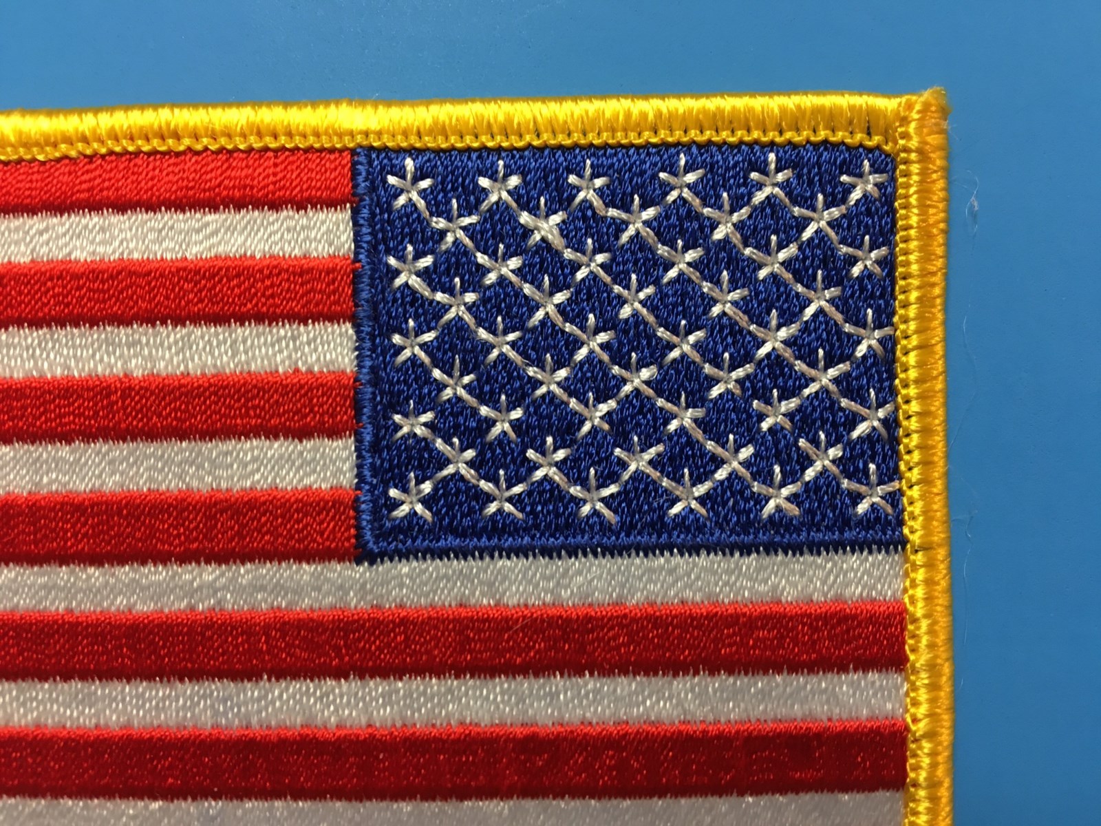 REVERSE USA AMERICAN FLAG EMBROIDERED PATCH IRON-ON SEW-ON GOLD BORDER(3½ x 2¼”)