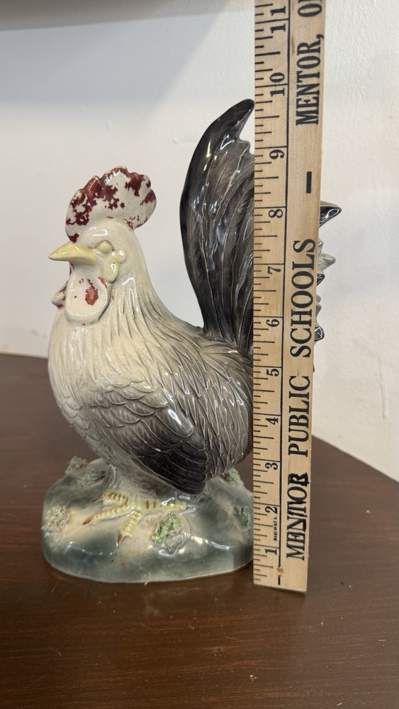 Vintage Ceramic Rooster Distressed Planter Pot Or Container. Large Rustic Glazed