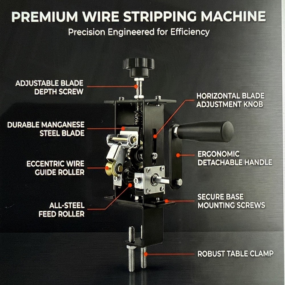 Wire Stripper Machine Set Drill/Manual, Adjustable Tool For .07-.63” Wire, Clamp