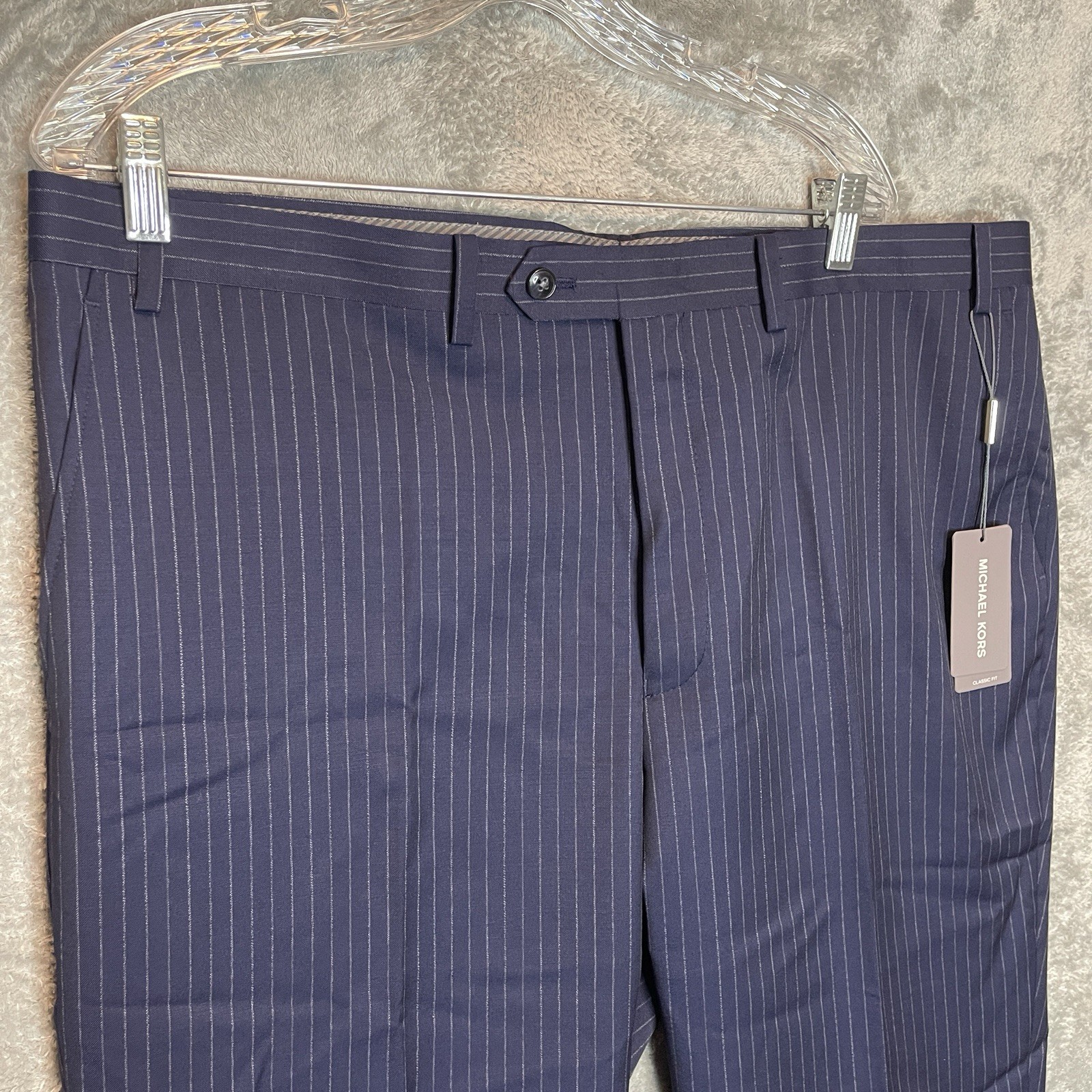 Michael Kors Malone Pinstripe Dress Pant Navy Blue Stretch Wool Blend Classic
