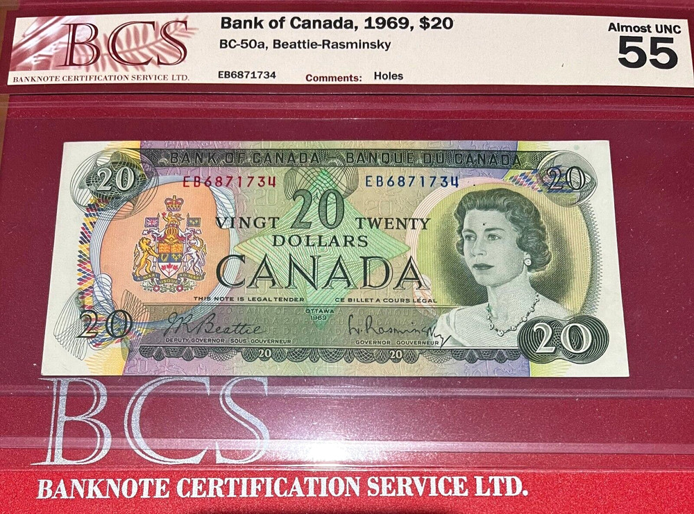 BCS Certification *ALMOST UNC* MISCUT/MIS-ALIGNED $20 1969 BC-50aa