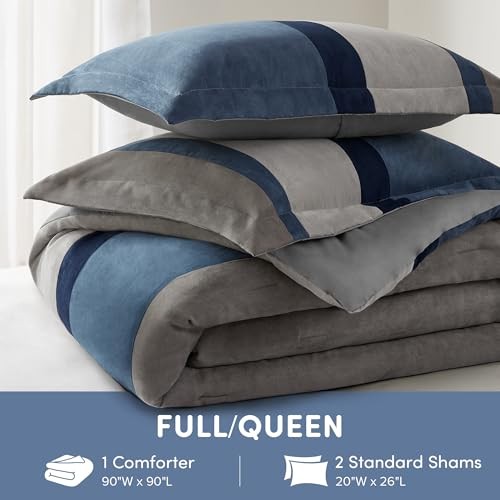 Queen Comforter Set, 3 Piece Luxe Microsuede, Pieced Design Full/Queen Blue