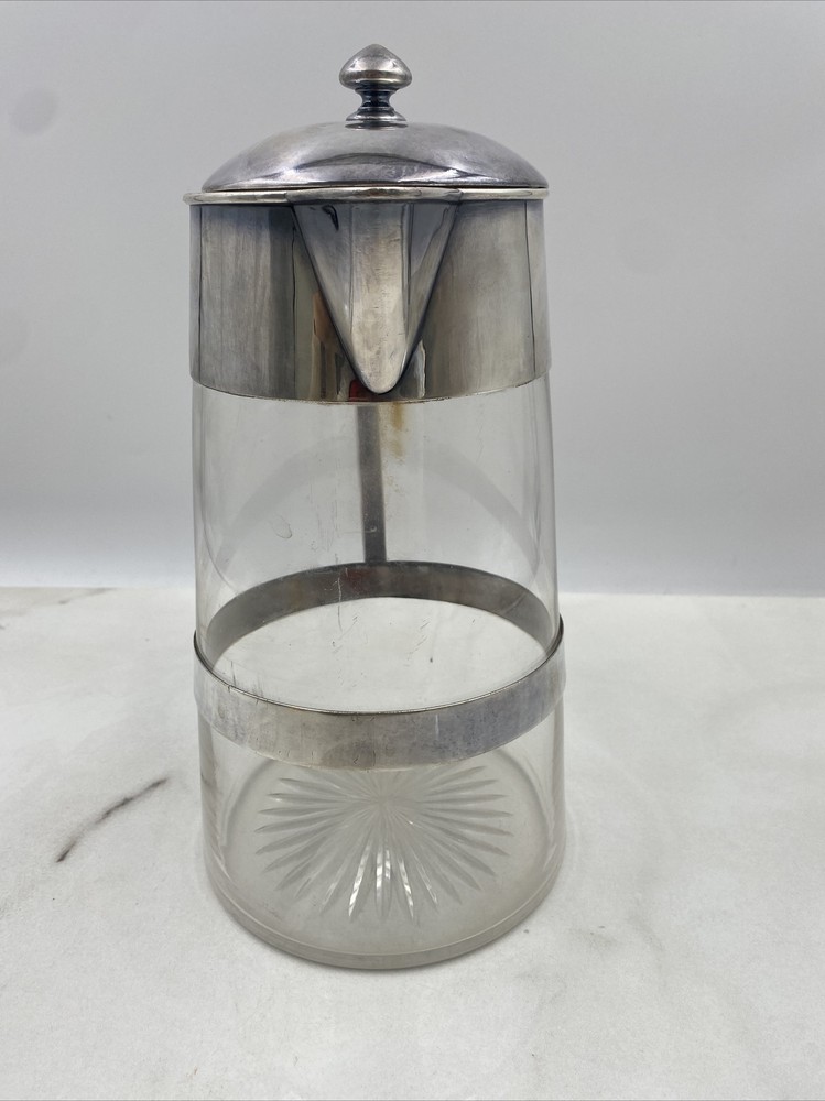 Elkington & Co Coffee Decanter Pitcher Sterling Silver Plate Clear Glass MCM