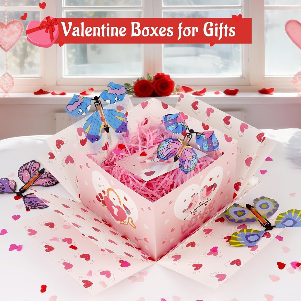 Valentine's Exploding Gift Box with Flying Butterflies and Heart Confetti