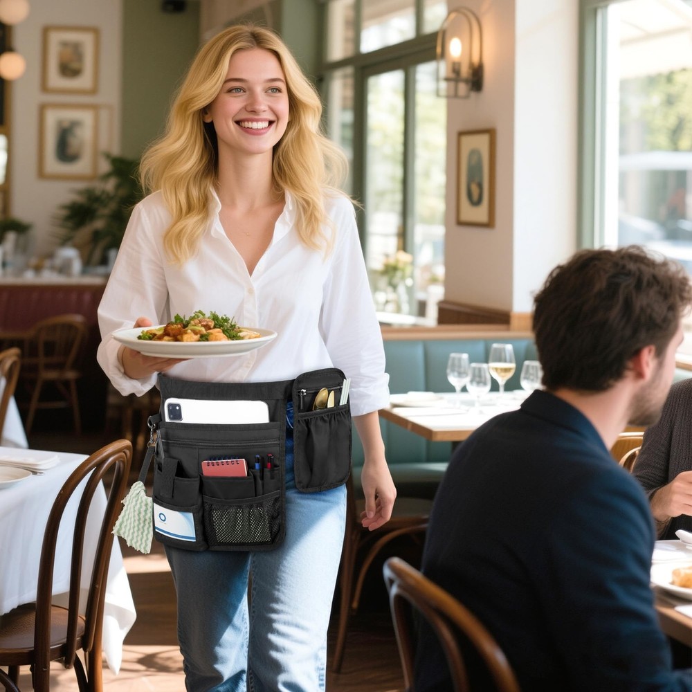 Waitress Server Apron with Extra Removable Pouch, Server Waist Pouch with Adj...