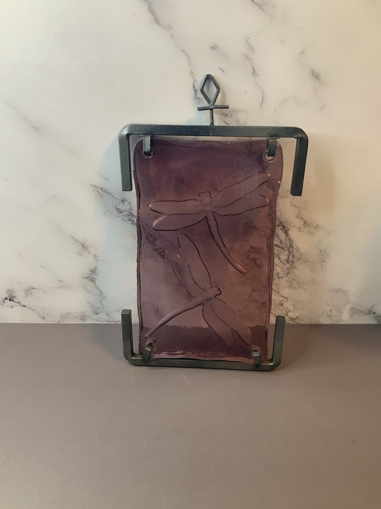 Purple Etched Glass Dragonfly Panel With Cast Iron Hardware
