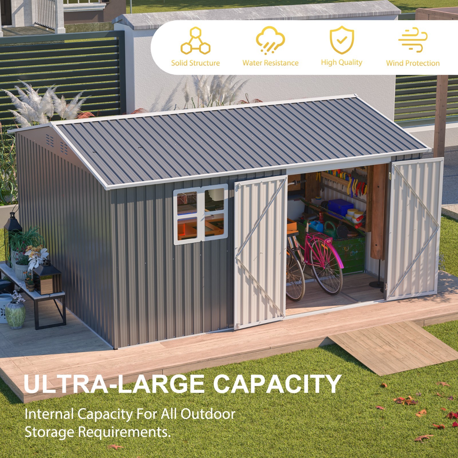 12'x10' Metal Outdoor Storage Shed Heavy Duty Garden Shed w/ Floor Kit & Window