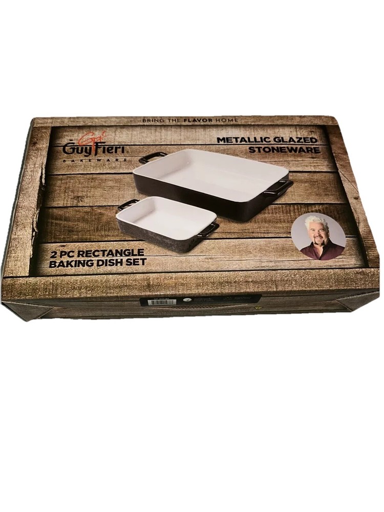 Guy Fieri Bakeware 2 Piece Square Baking Dish Set Metallic Glazed Stoneware New