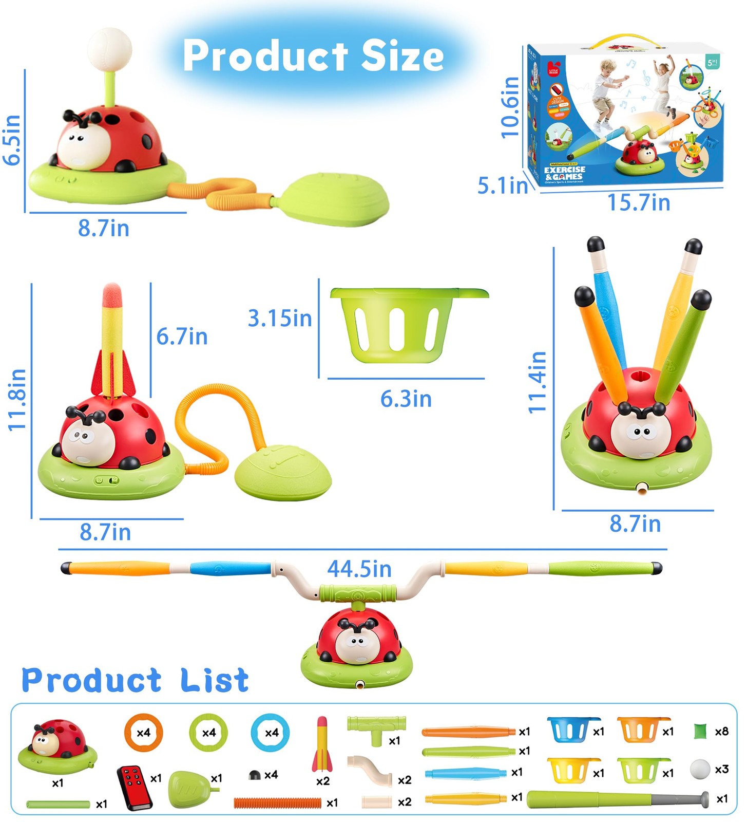 5 in 1 Musical Jump, Bean Bag Toss Ring Game, Baseball Toys and Stomping Laun...