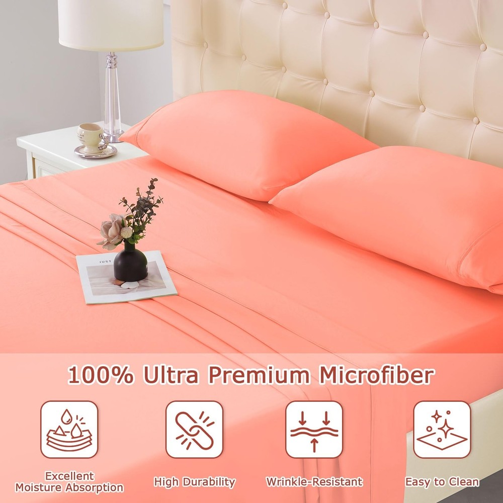 Queen Size Bed Sheet Set - 4 Piece Soft Microfiber Sheets with Deep Pockets, ...