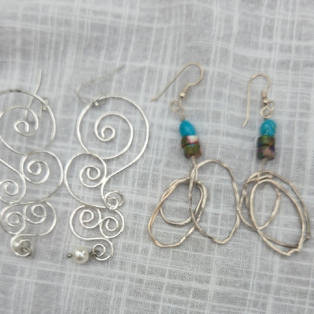 Set 2 Elegant Silver Swirl Earrings with Beads