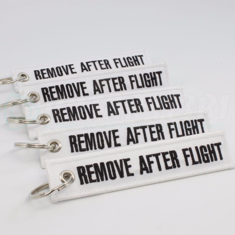 REMOVE AFTER FLIGHT KEYCHAIN QTY= 5 PCS WHITE/black TAGS FLAGS PILOT CREW