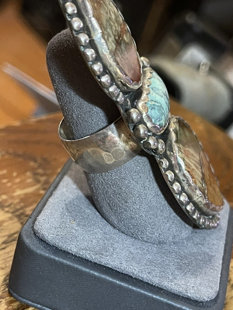 Artisan Sterling Silver Ring, Agate & Turquoise Signed, Free Shipping