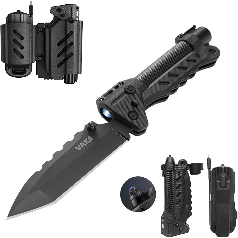 VAK6 Survival Multitool Folding Knife LED Flashlight Pulse Ignition Hand Crank