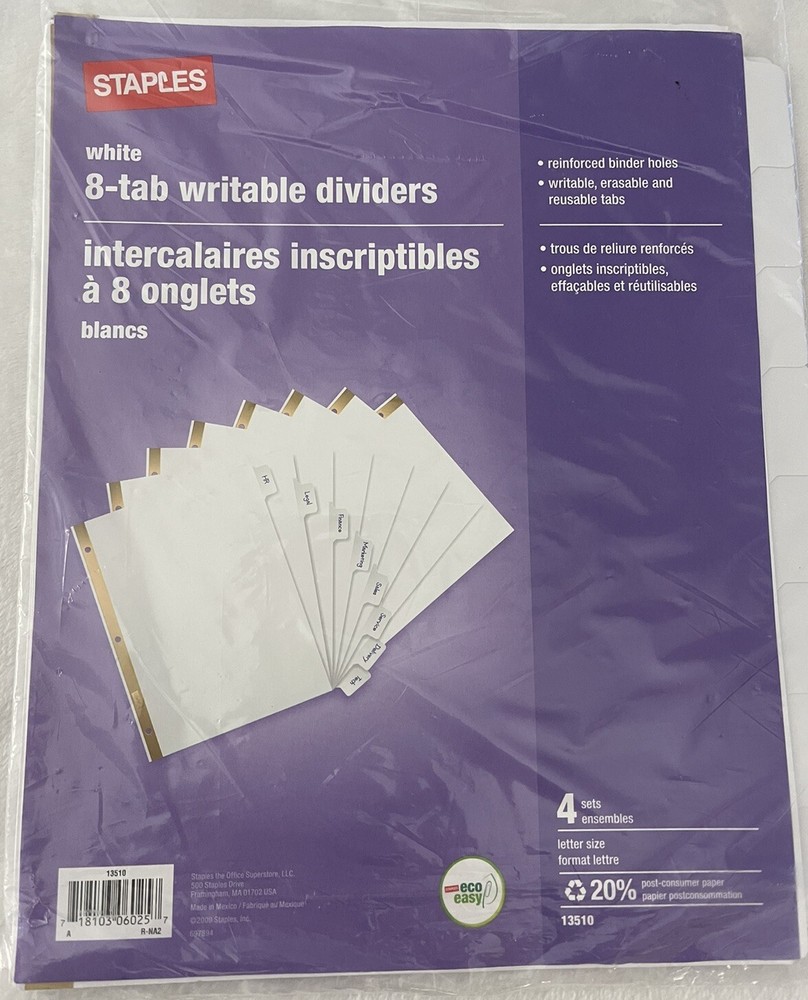 Staples Dividers Writable 4 Set Package 13510 White 8 Tab