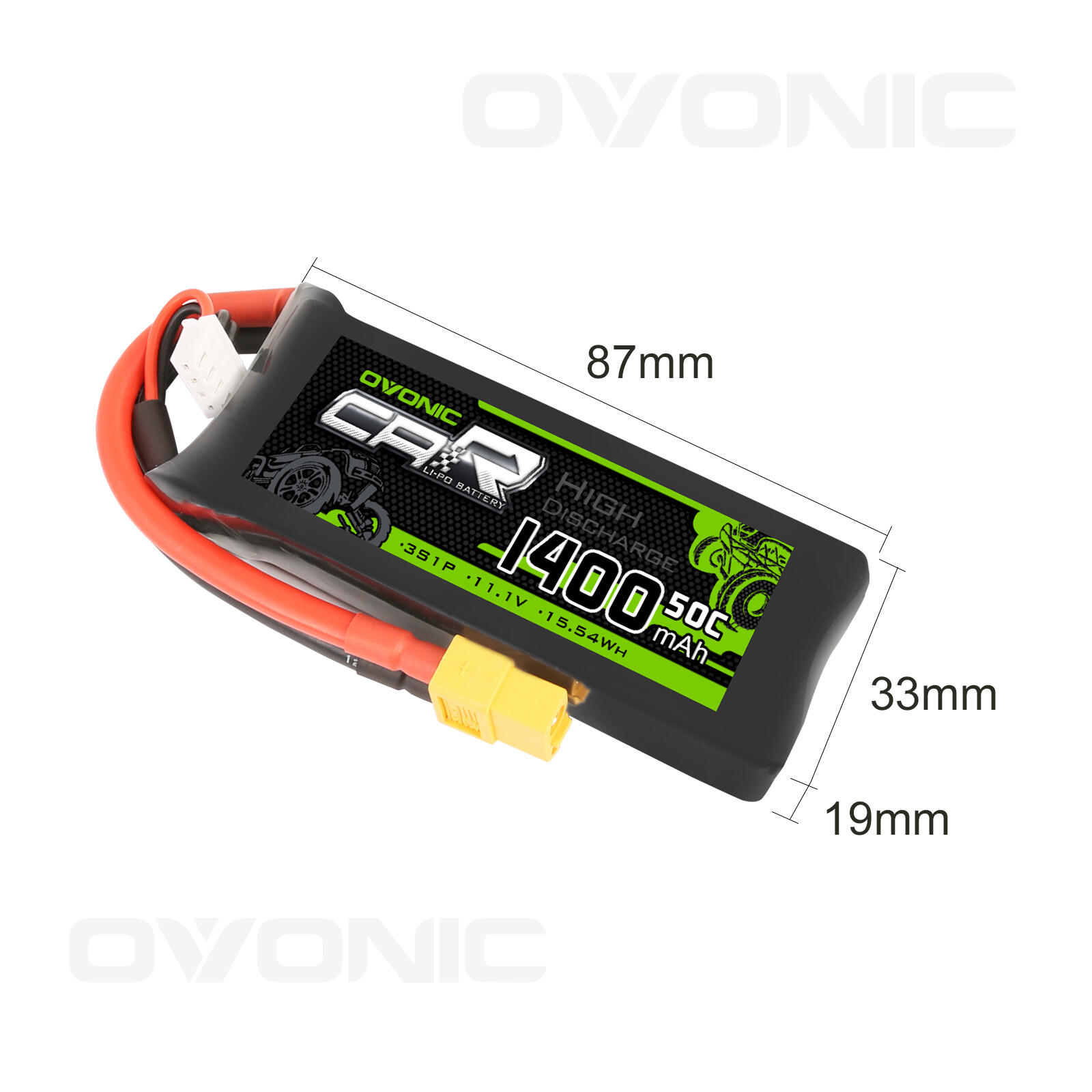 OVONIC 11.1V Lipo Battery 3S 50C 1400mAh W/ XT60+TRX for E-Revo VXL 1/16 traxxas