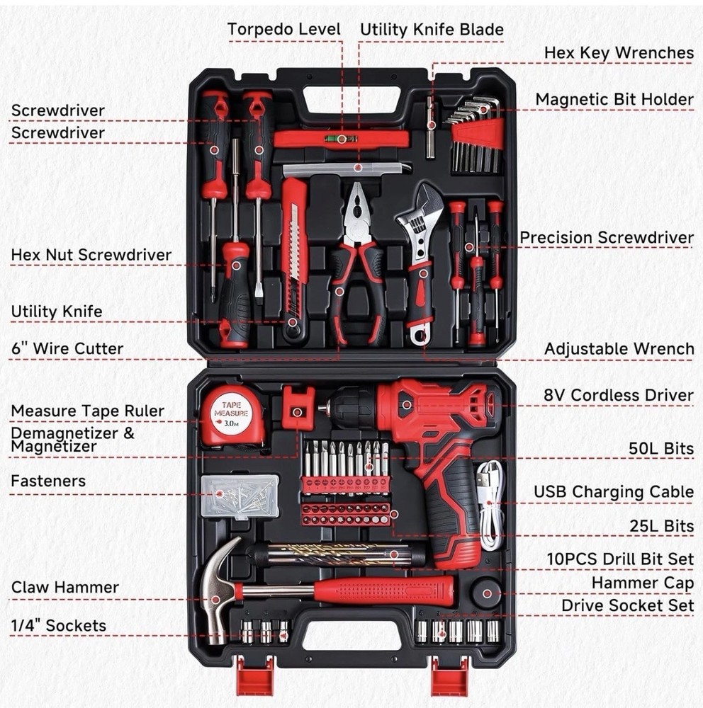 🔥NEW - Tool Set 8V Cordless Drill Kit 132 Piece Box With Hand Drill