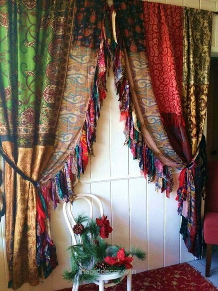 2 Pcs Indian Sari Patchwork Curtain Drape Window Decor Multi Silk Sari Curtain