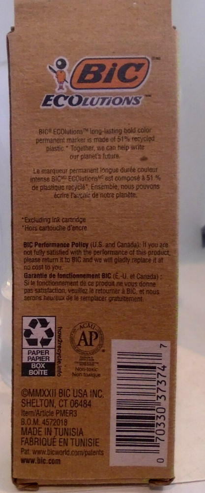 BIC Permanent Marker Fine Point, Black 3 Markers Ecolutions