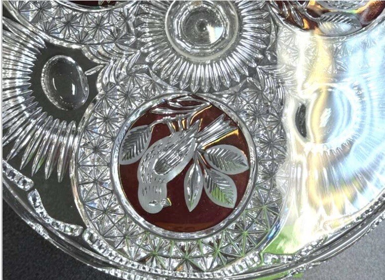 Vintage Hofbauer Crystal Cut Ruby Byrdes Cake Stand Plate Platter Germany