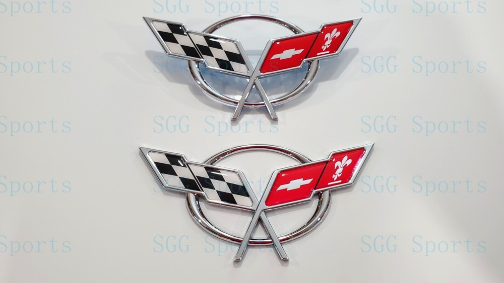 2PC 1997-2004 C5 Corvette Chrome Front Bumper Rear Deck Lid Cross Flags Emblem