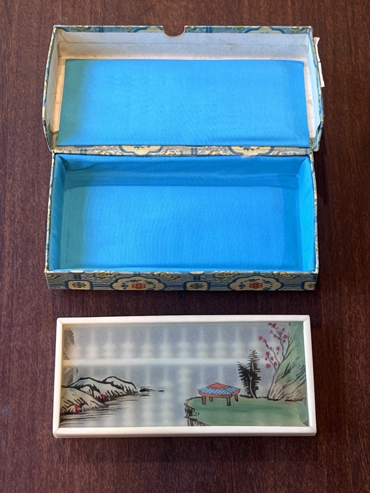 Small Vintage Chinese Abacus Suanpan Painted Glass Fabric Box VGC