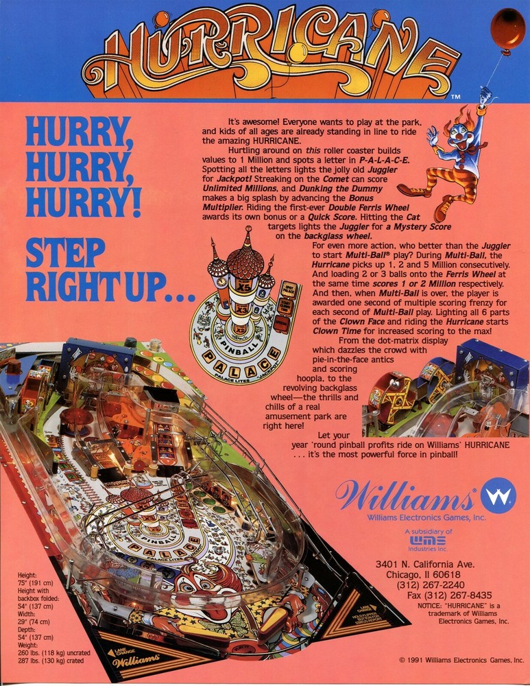Hurricane Williams Pinball Flyer /Brochure/ Ad - Mint