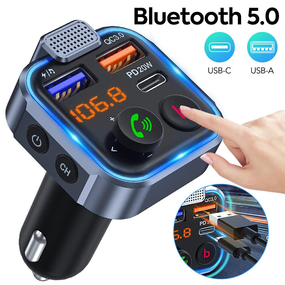 Bluetooth 5.0 Car Wireless FM Transmitter Adapter 2USB PD Charger AUX Hands-Free