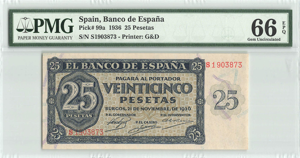 Spain 25 Pesetas, P-99a, 1936, PMG 66 EPQ, Gem UNC