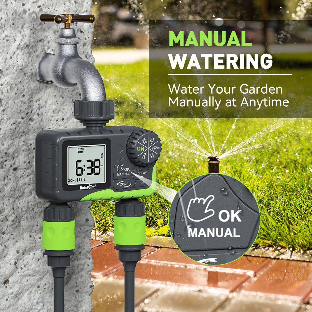 RAINPOINT Water Timer for Garden Hose - 2 Zone Sprinkler Timer with Rain Delay
