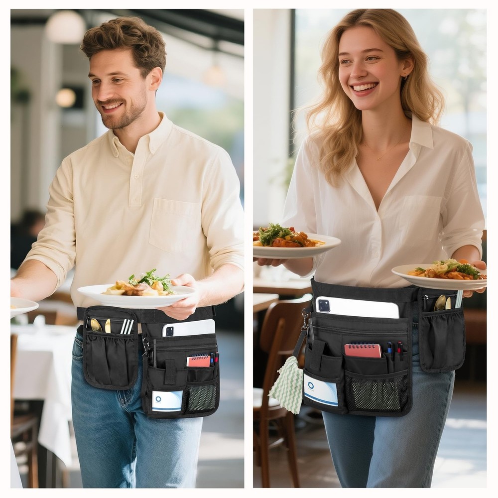 Waitress Server Apron with Extra Removable Pouch, Server Waist Pouch with Adj...