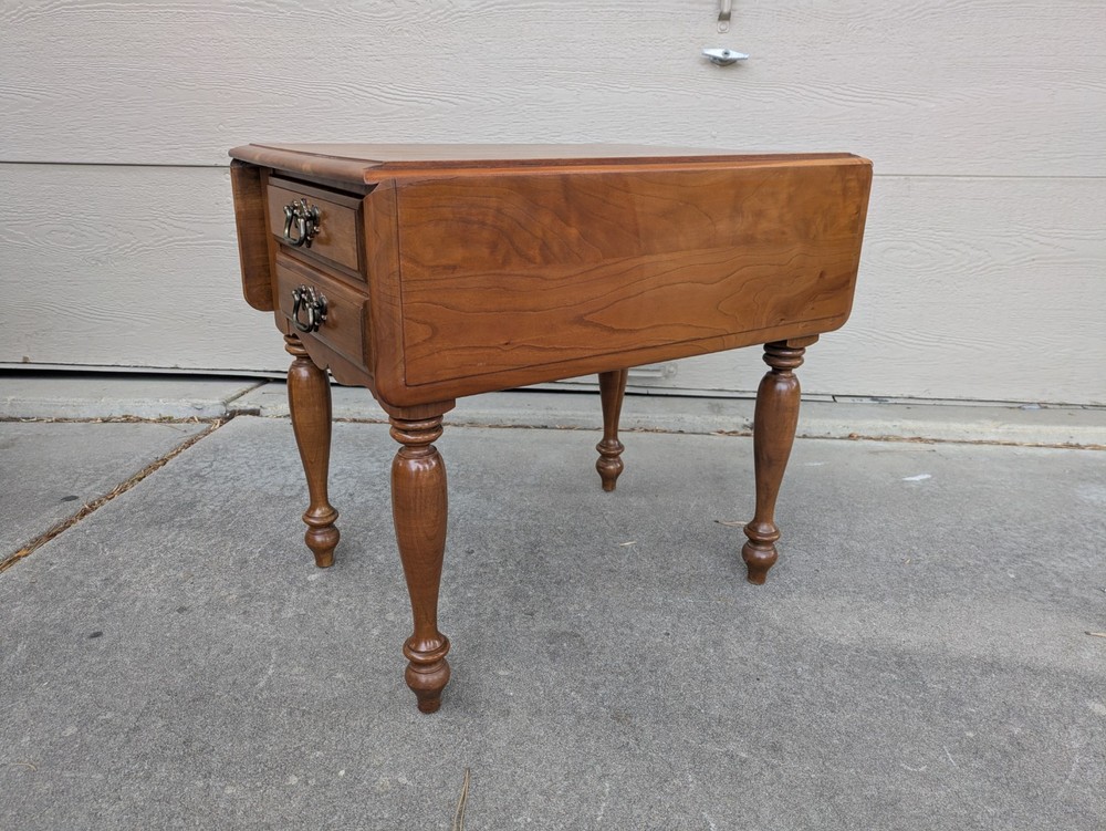 Vintage Rustic Country Colonial Solid Cherry Wood Drop Leaf 2-Drawer End Table A