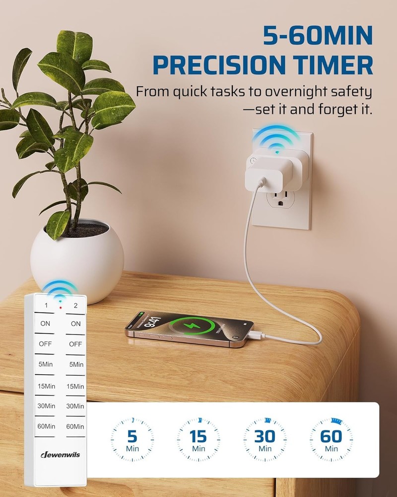 2 Pack Remote Control Outlet Timer, 15A, Wireless Countdown Switch for Lamps