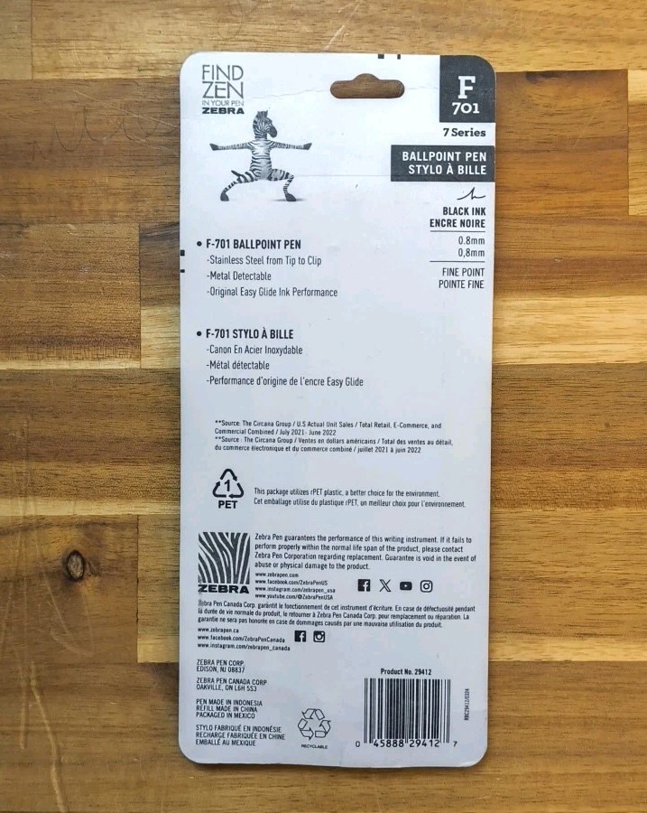 3 Pack Zebra F-701 Ballpoint Pens 2 Bonus Refills Stainless Steel Black Ink NEW