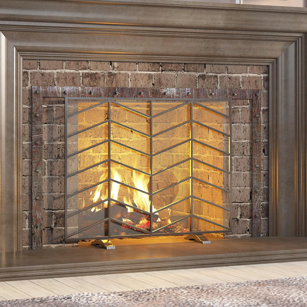 Single Panel Handcrafted Wrought Iron Mesh Chevron Fireplace Screen, Fire Spark