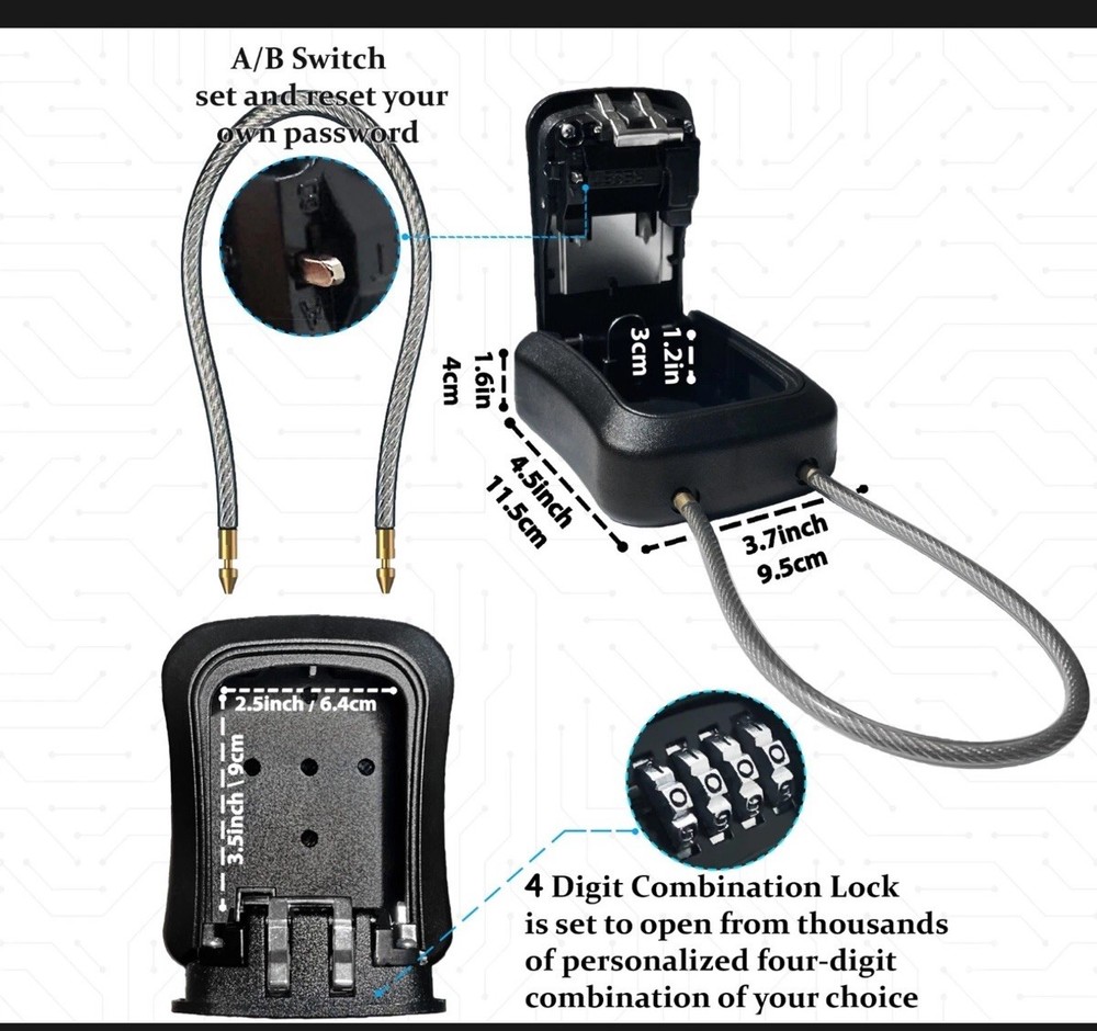 Realtor Key Lock Box Combination Lock Safe Wall Mount Portable Cable