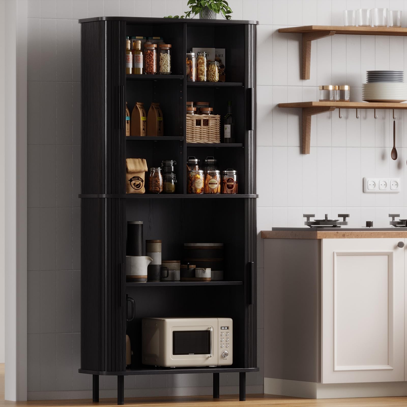 71" Fluted Kitchen Pantry Cabinet, Tall Storage Cabinet (Black)