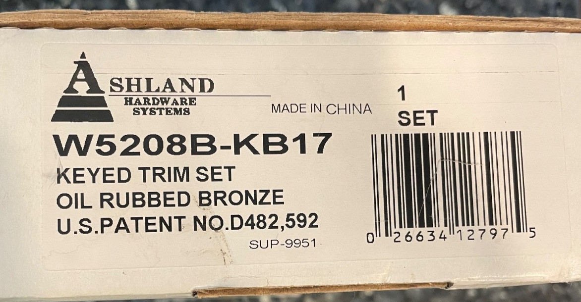 Ashland Hardware W5208-KB17 Keyed Trim Set Rubbed Bronze Sliding DoorHandles NEW
