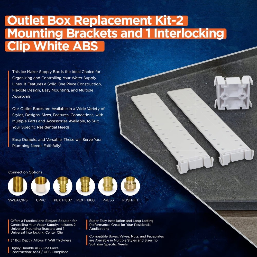 Outlet Box Replacement Kit-2 Mounting Brackets and 1 Interlocking Clip White ABS