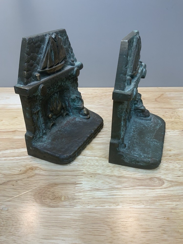 Brass Rustic Blazing Fireplace Solid Brass With Ship On Mantel Bookends