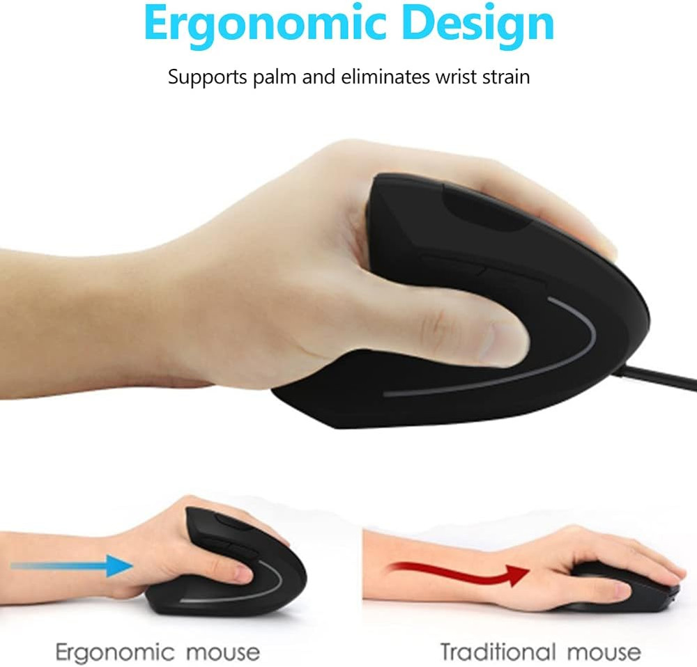 Ergonomic Vertical USB Wired Mouse, Left Handed Optical Mouse, 3 Adjustable DPI