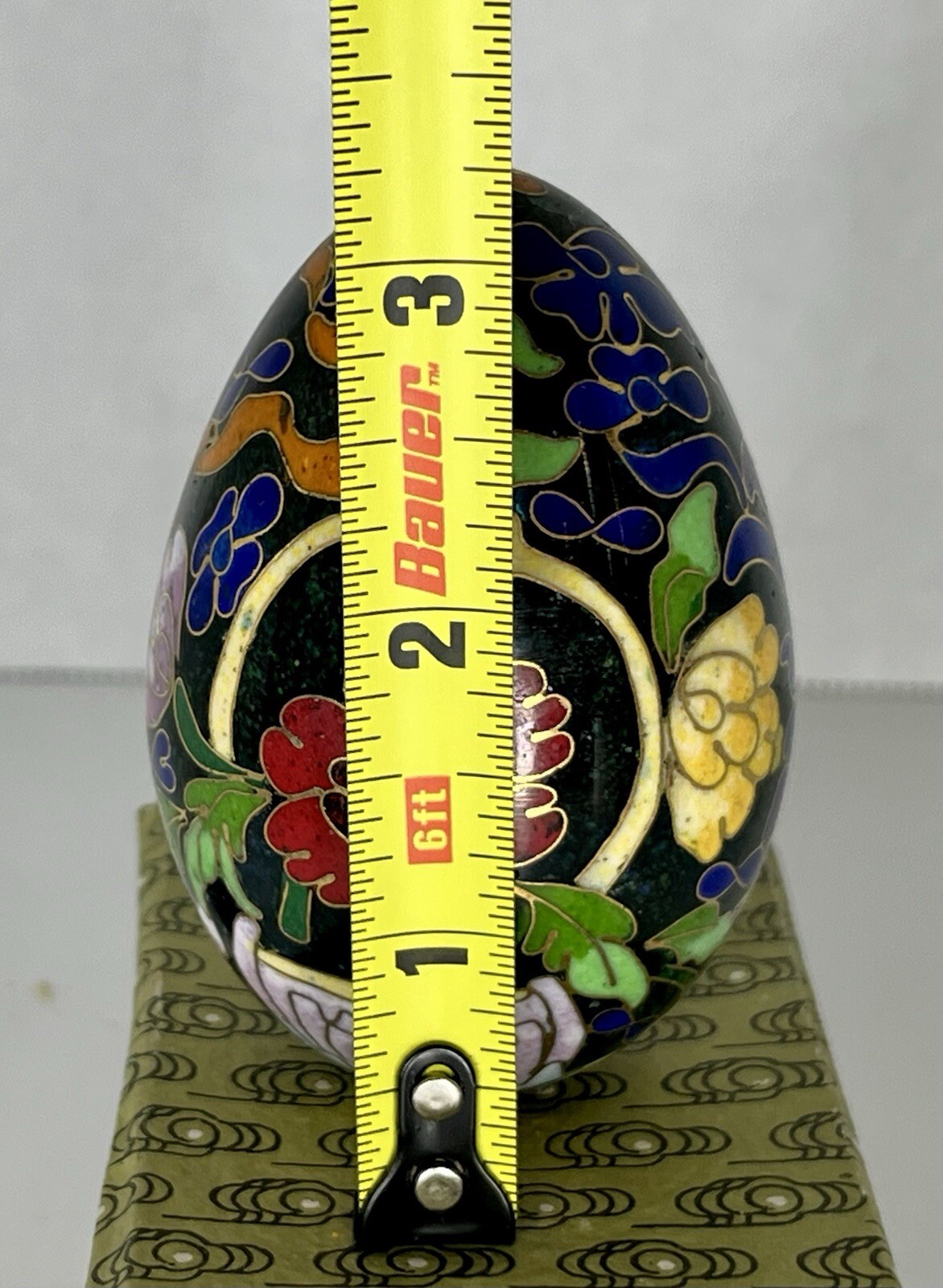 Vintage Chinese Black Cloisonné Enamel Copper Egg Pink Flowers Wood Stand In Box