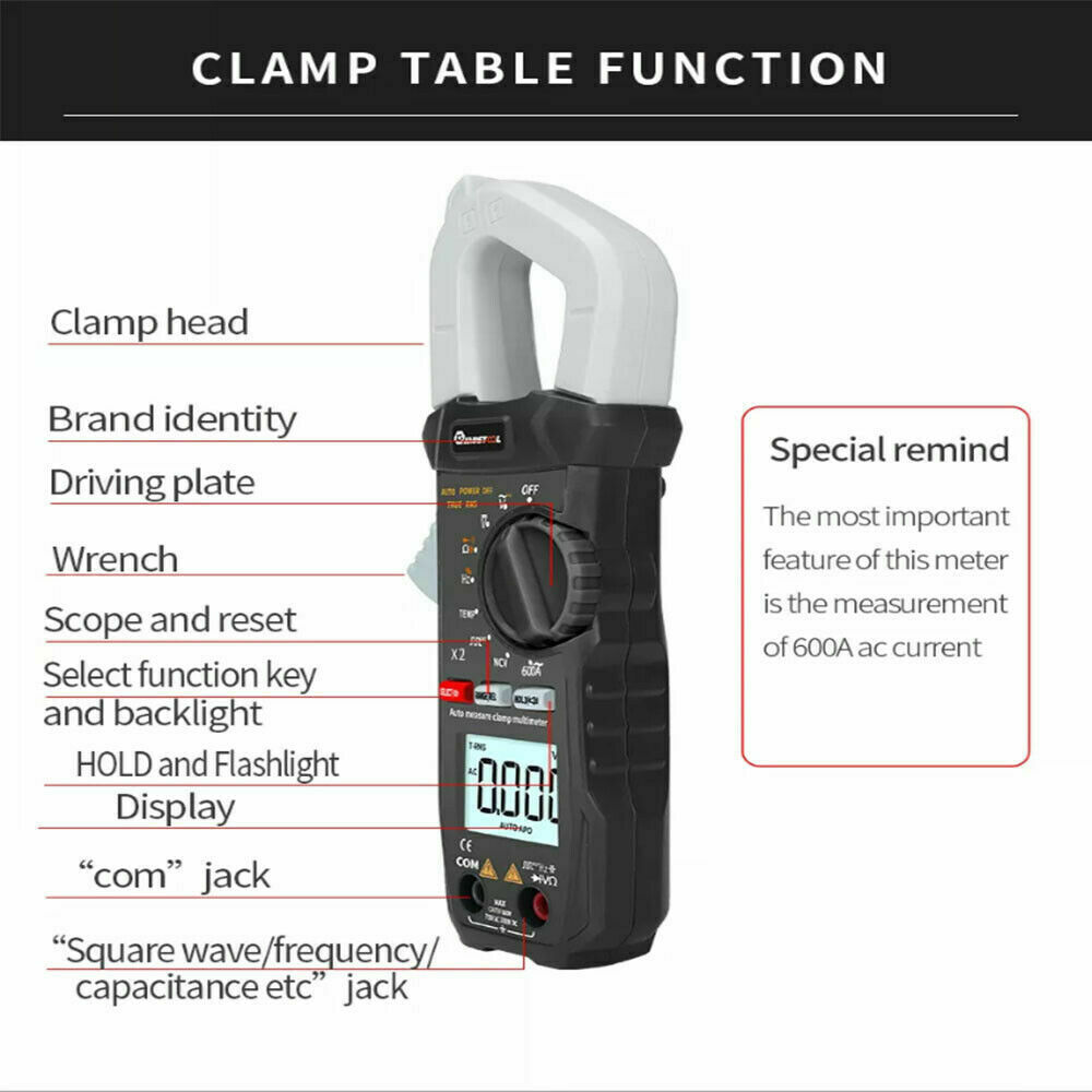 6000 Counts True RMS Clamp Meter AC DC Voltage & Current Digital Multimeter