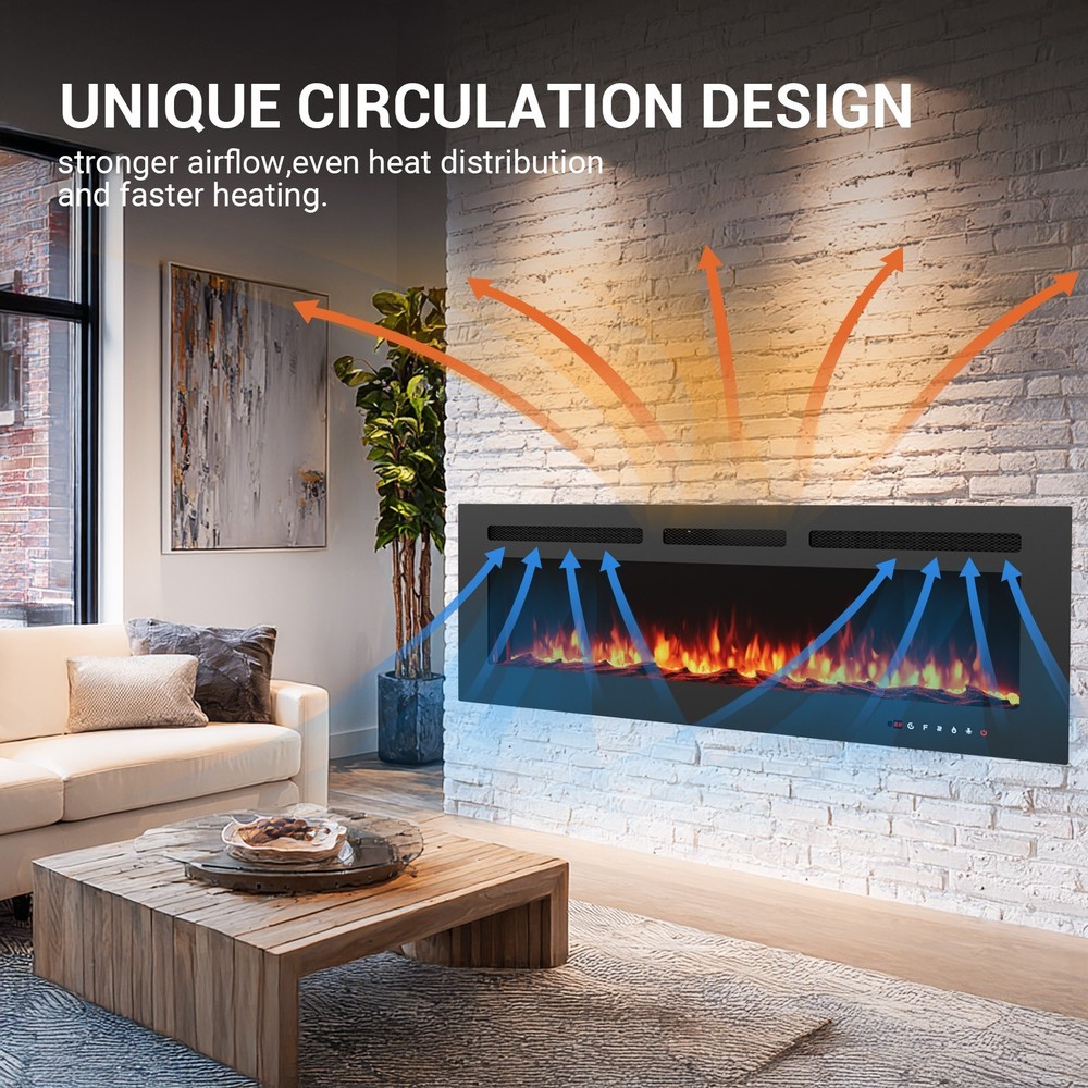 60'' Electric Fireplace Wall Mounted Heater with Remote/Adjustable Flame/Timer