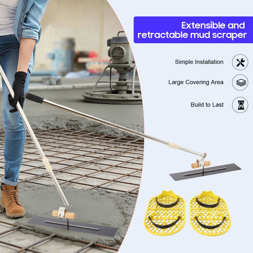 Long Handle Concrete Trowel Cement Surface Smoothing Tool w/ Finishing Shoes NEW