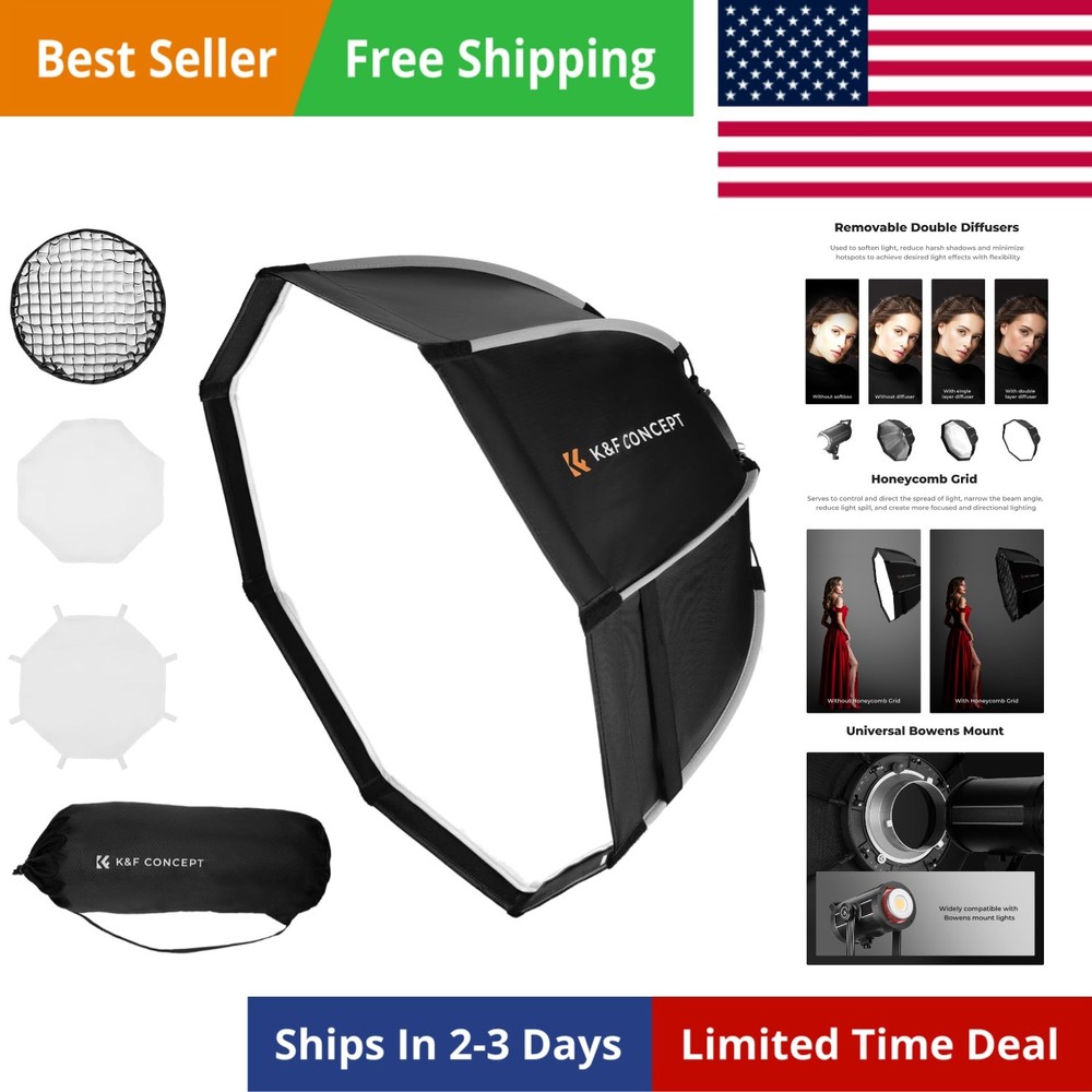 35''/90cm Octagonal Softbox, Quick Release Bowens Mount Softbox with Honeycom...