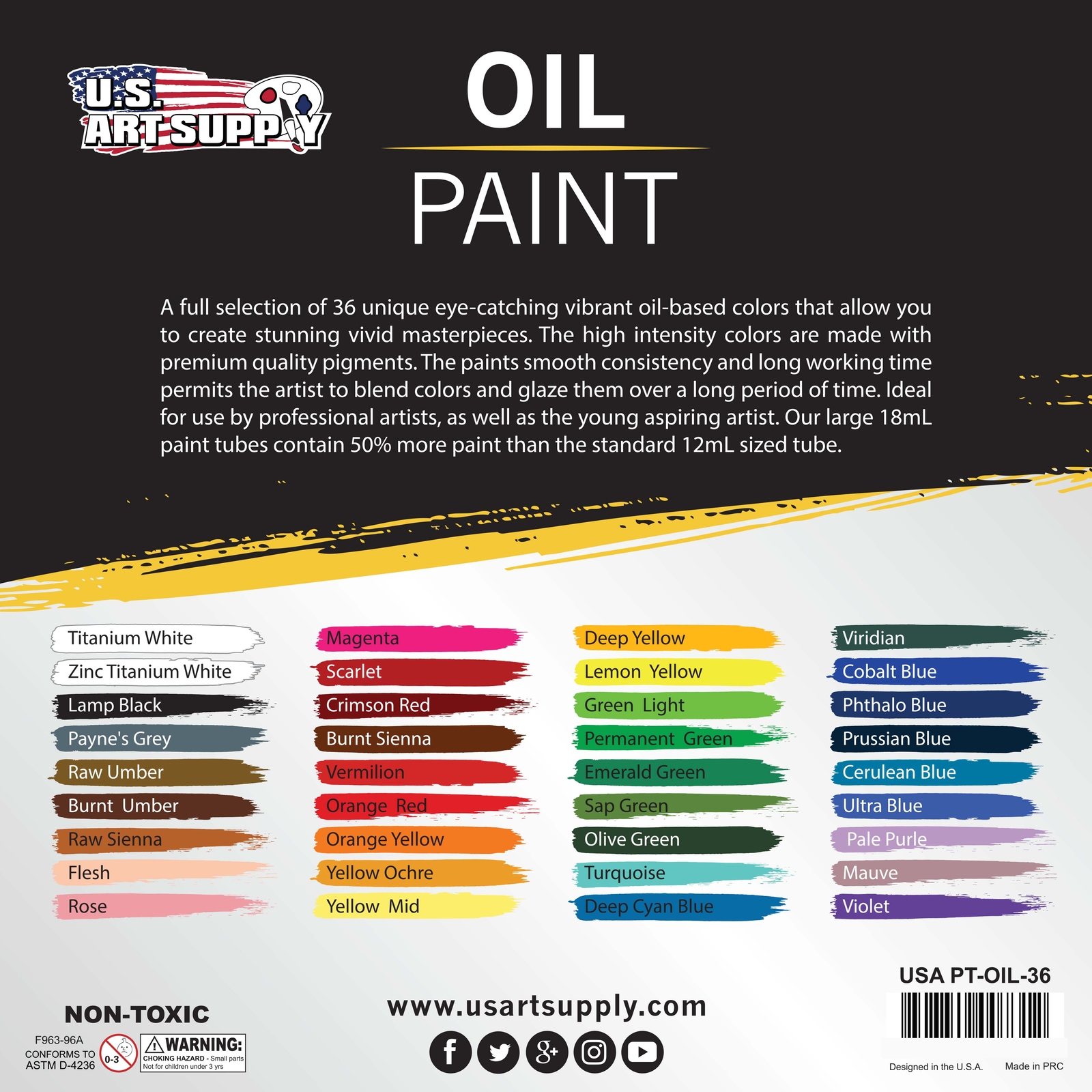 Professional 36 Color Art Oil Paint Set, Lg 18ml Tubes, Artist Student Paintings