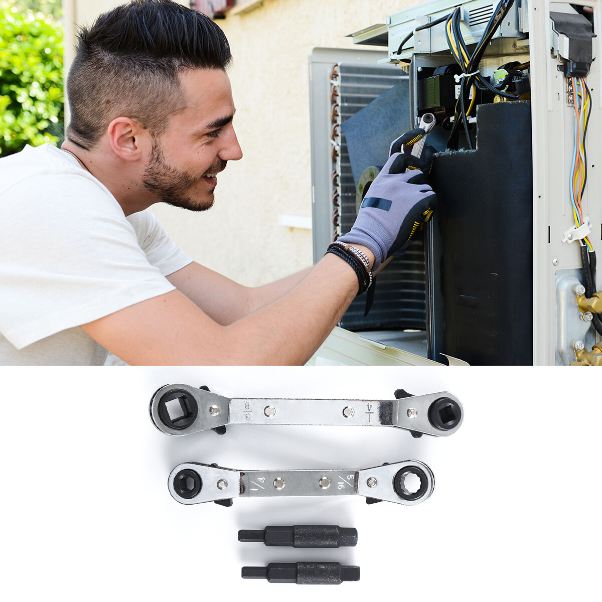 3/8” to 1/4”, 5/16'' x 1/4'' Refrigeration Hvac Service Wrench Set+Hex Bit 4PCS