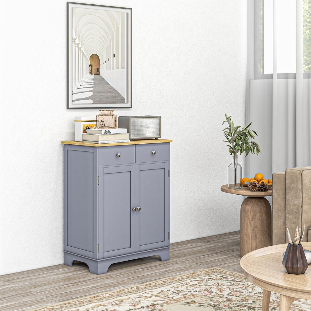 Gray Sideboard Buffet Cabinet 2 Drawers Adjustable Shelf Kitchen Storage